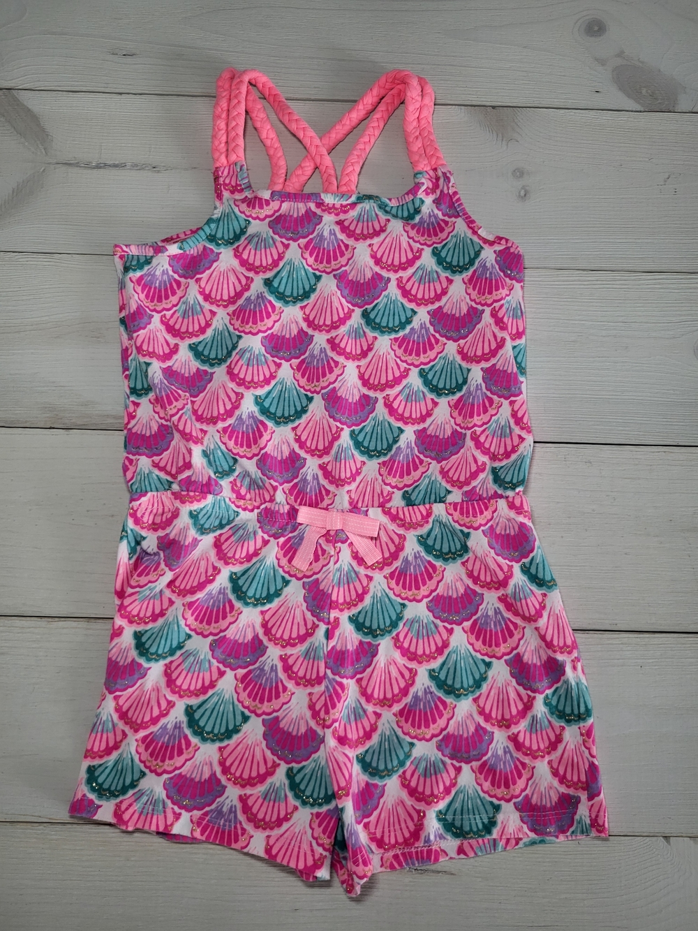 Tommy Bahama Girl's Romper Vibrant Seashell Cotton Blend Gold Shimmer Mermaid.